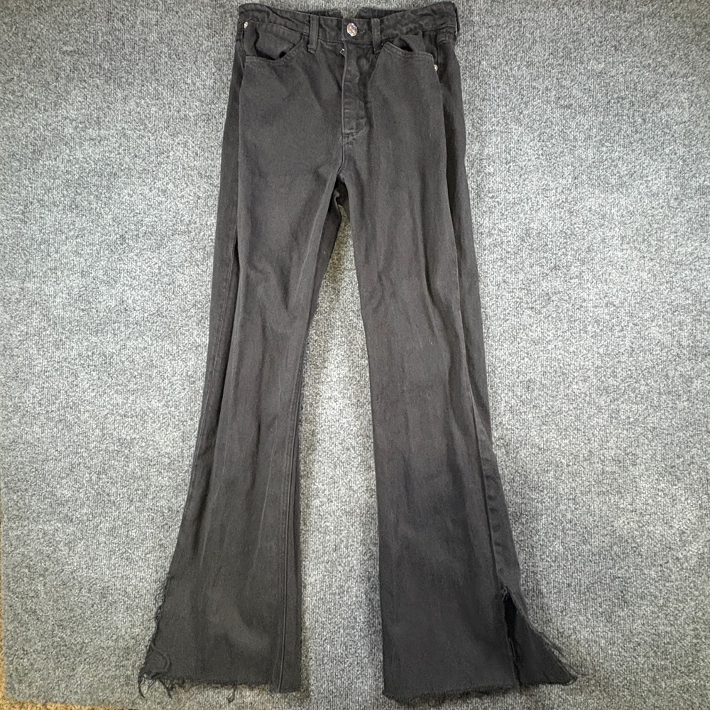 Sprwmn Micro Flare Jeans Women 28x32 Black Denim Frayed Hem High Rise Ankle Slit